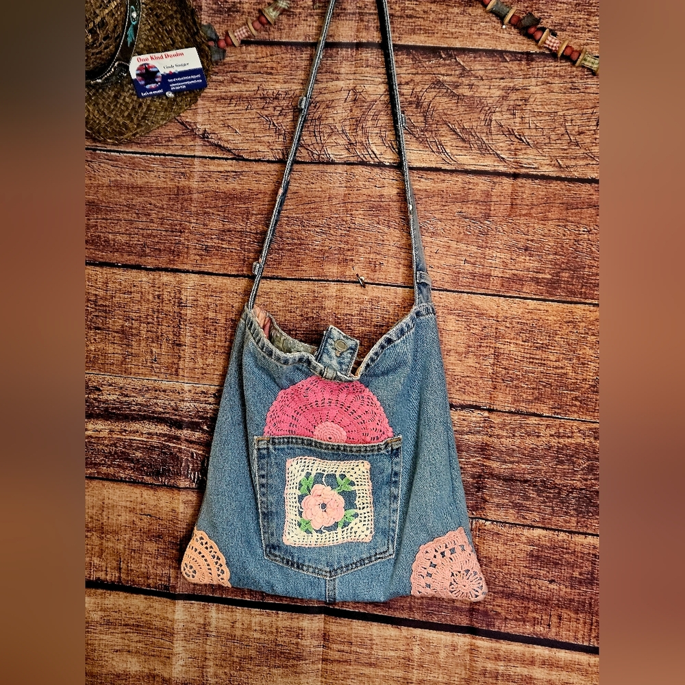 Handmade♡ Dainty Doilies & Blessings Denim Shoulder Bag By "One Kind Denim Co."